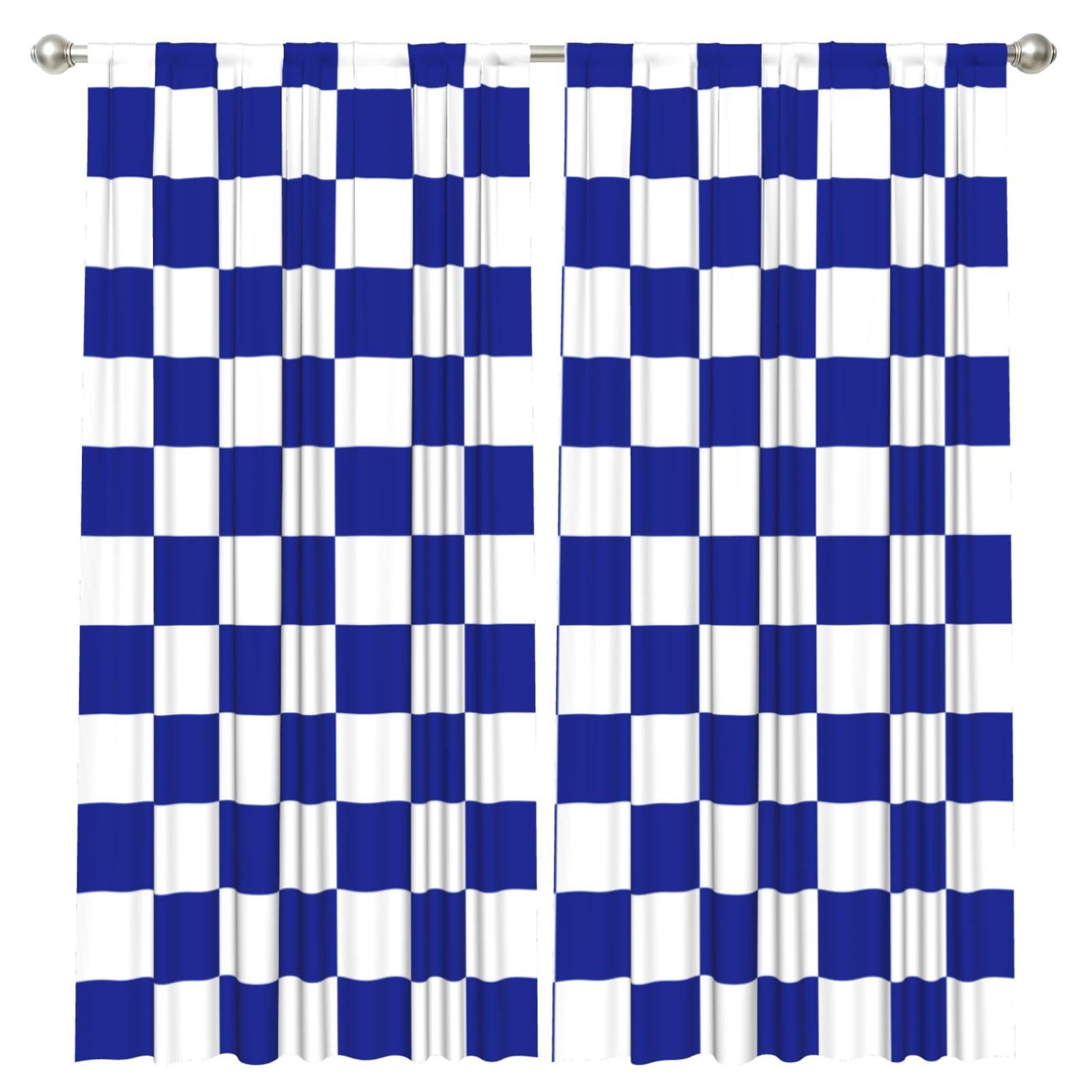 InOmak Blue And White Checkered Pattern, 2 Panels Window Curtains 52 x 84 Inch Blackout Curtains for Living Room Bedroom