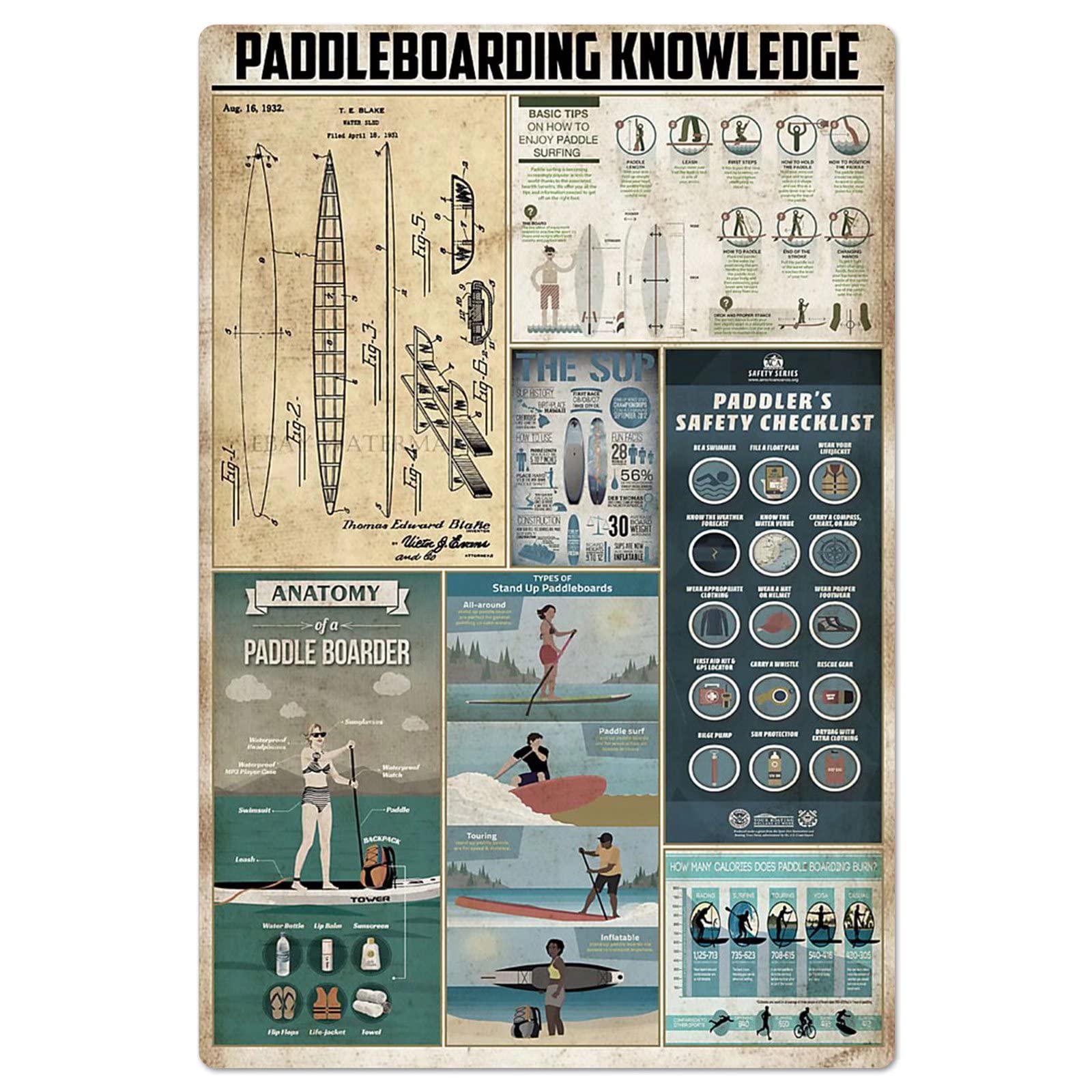 rayprint Paddleboarding Knowledge Metal Signs Vintage Club Wall Decor Anatomy Of A Paddle Boarder Tin Posters Room Home Art Plaque 12x16 Inches