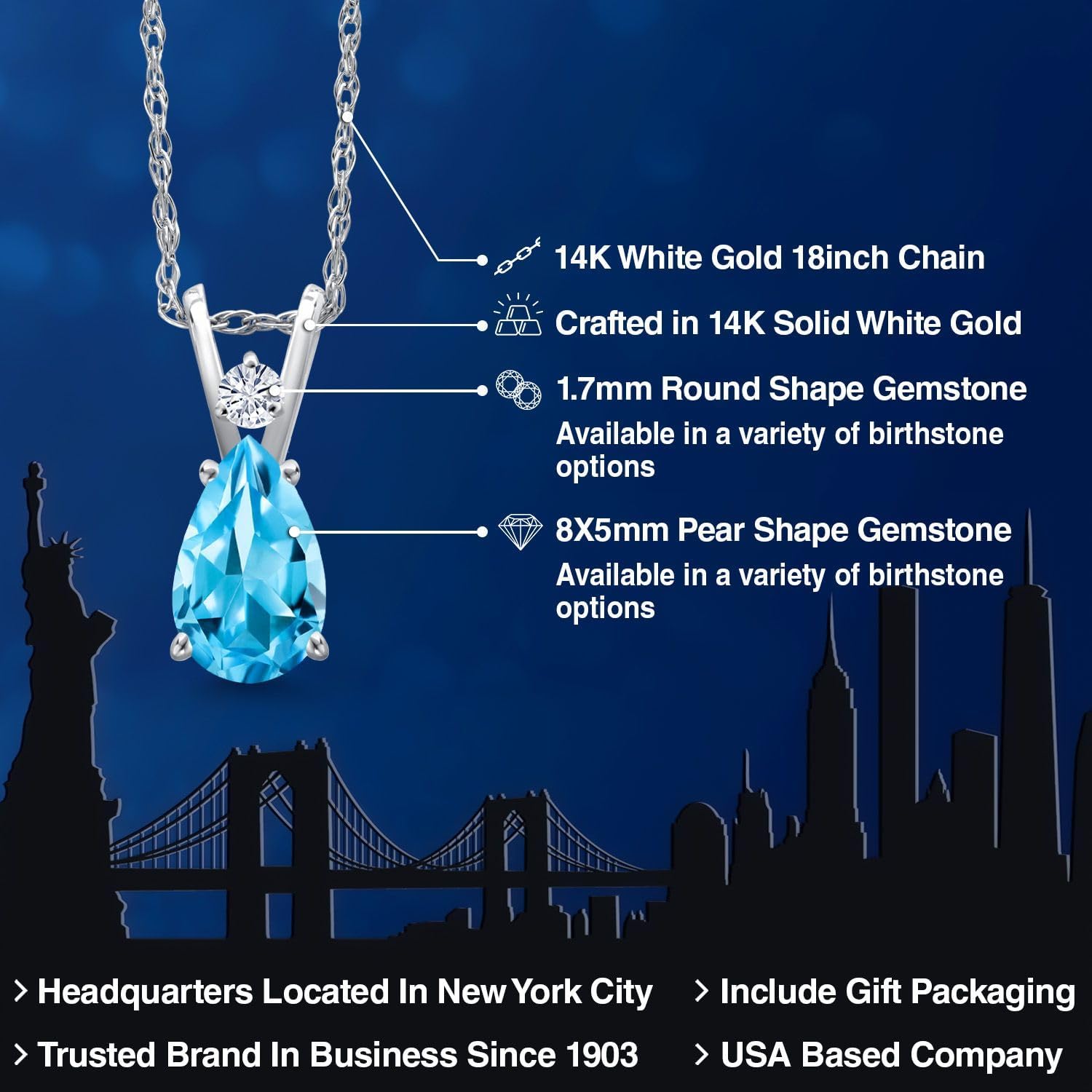 Gem Stone King 14K White Gold Swiss Blue Topaz and White Moissanite Pendant Necklace for Women | 1.02 Cttw | Gemstone November Birthstone | Pear Shape 8X5MM | With 18 Inch Chain - Image 2