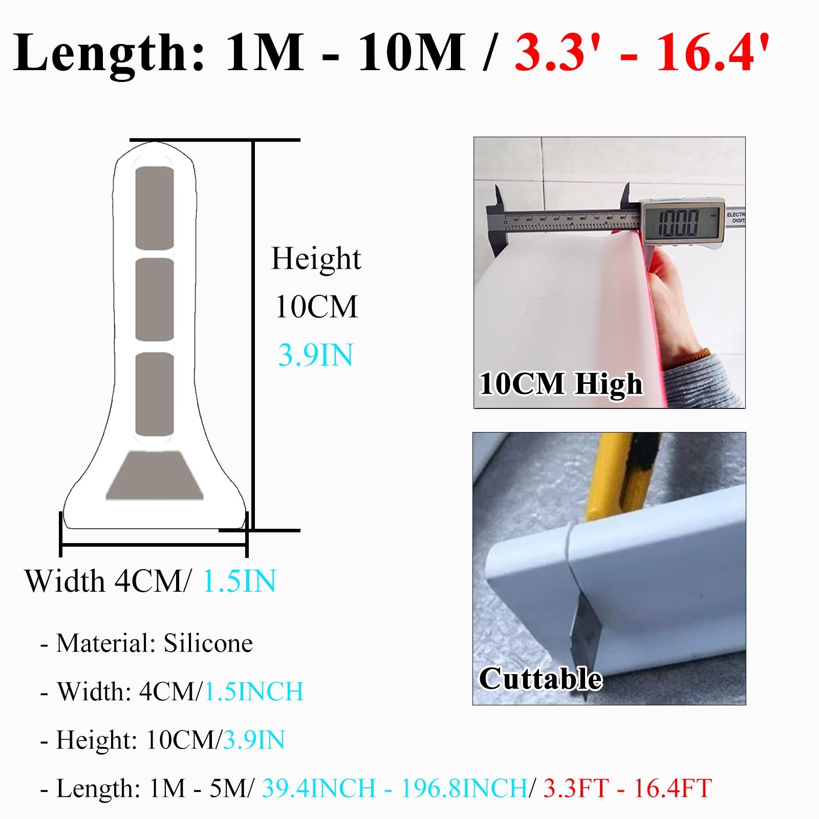Douche water spatbescherming hoog 10,5 cm, zwart wit grijs waterstop barrière voor gootsteen badkamer vloerdeur, rand waterlip vasthoudende strips/schild zelfklevende inklapbare bumpers (kleur: B