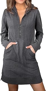 Sweatshirt Dress for Women Fall Winter Casual Long Sleeve Half Zip V Neck Pullover Tunic Tops Mini Dress with Pockets - Buy now