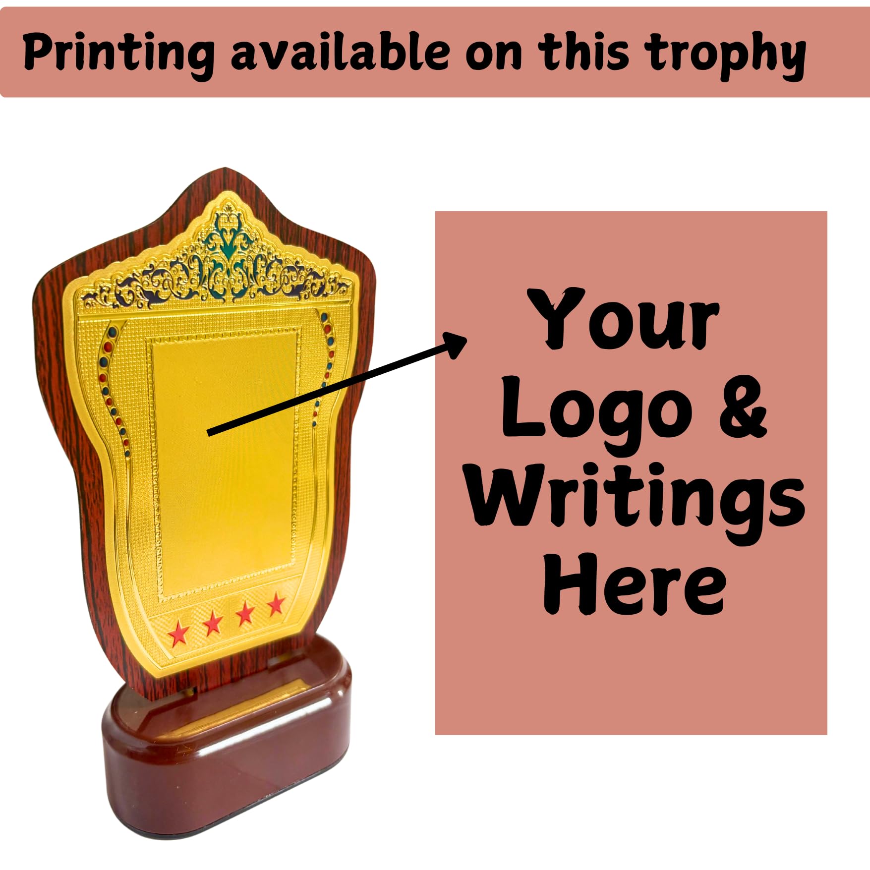 Engraved Design Shinning Wooden Trophy Shield Plaque with Gold Plate and Stars, Traditional Design, Logo Printing, Writings & Customisation Available (Set of 5 Trophies, Small (6 inches)) 4
