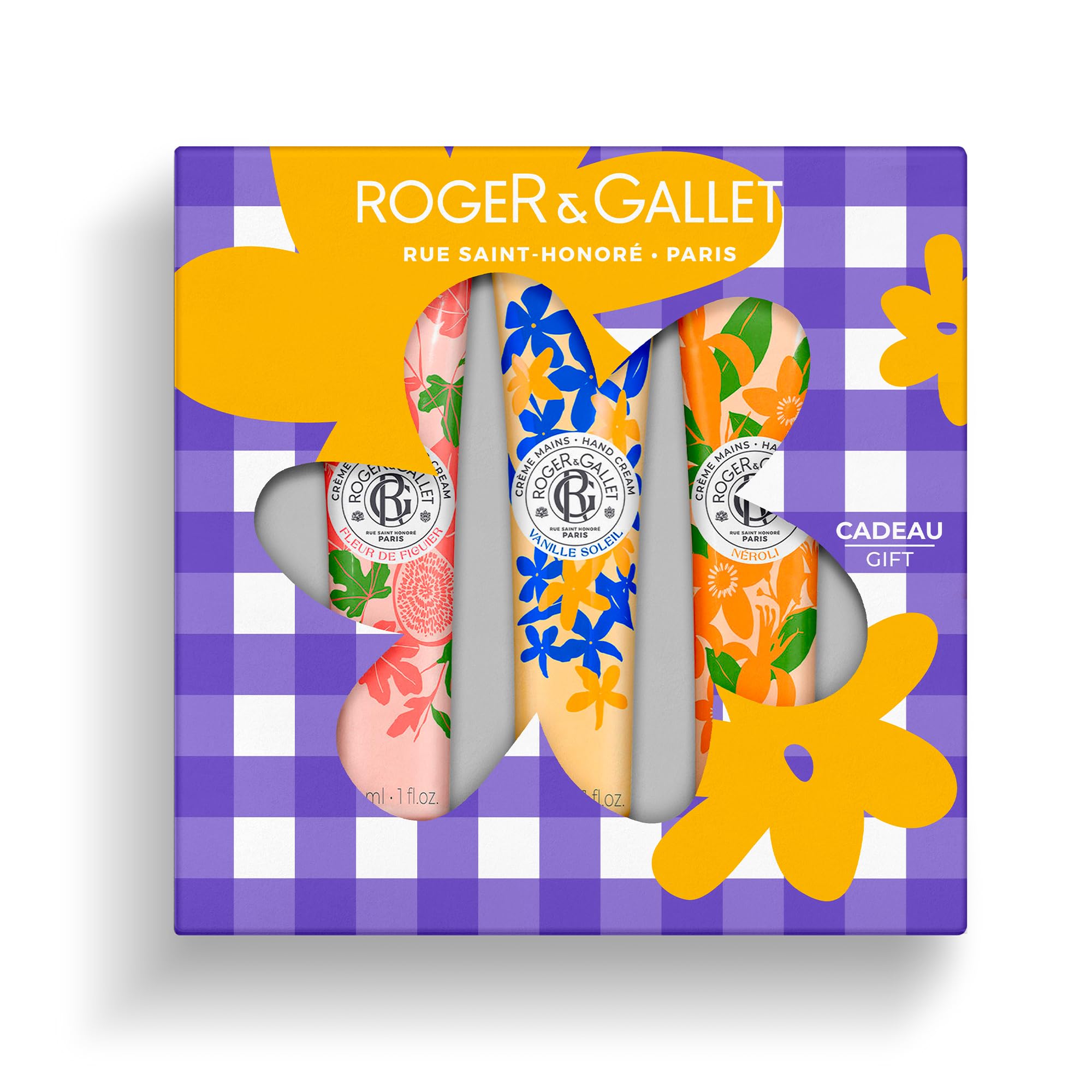 RogerGallet - Coffret Trio Crèmes Mains Bienfaisantes - Fleur de Figuier, Vanille Soleil, Néroli - Enrichies en Beurre de Karité et Amande Douce - Edition Cadeau Fête des Mères