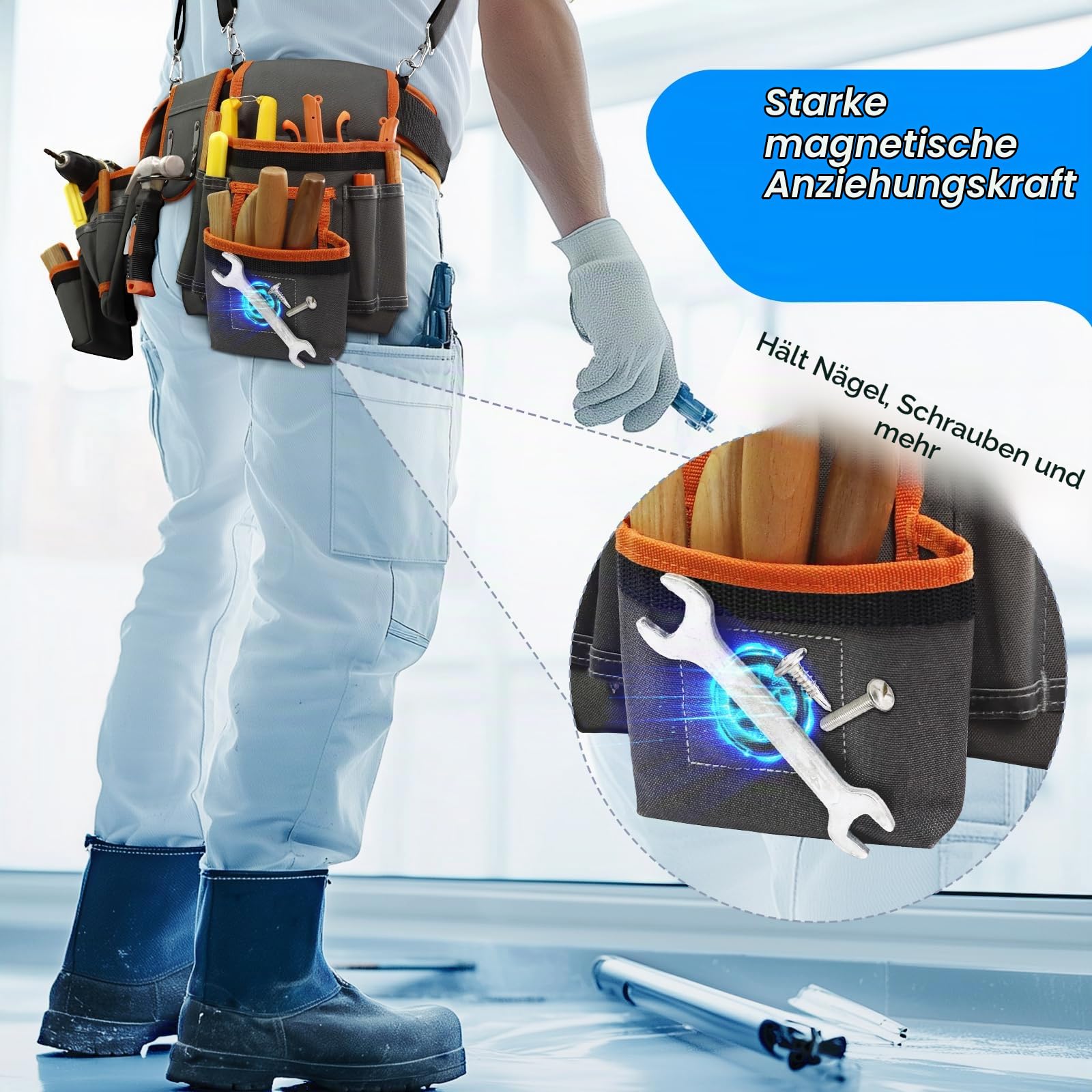 Werkzeuggürtel für Männer mit Nageltasche, Maßbandtasche und HammerhalterMagnetische Werkzeugtasche für MännerAbnehmbare und verstellbare Werkzeugtasche für Elektriker, Zimmerleute, Gärtner