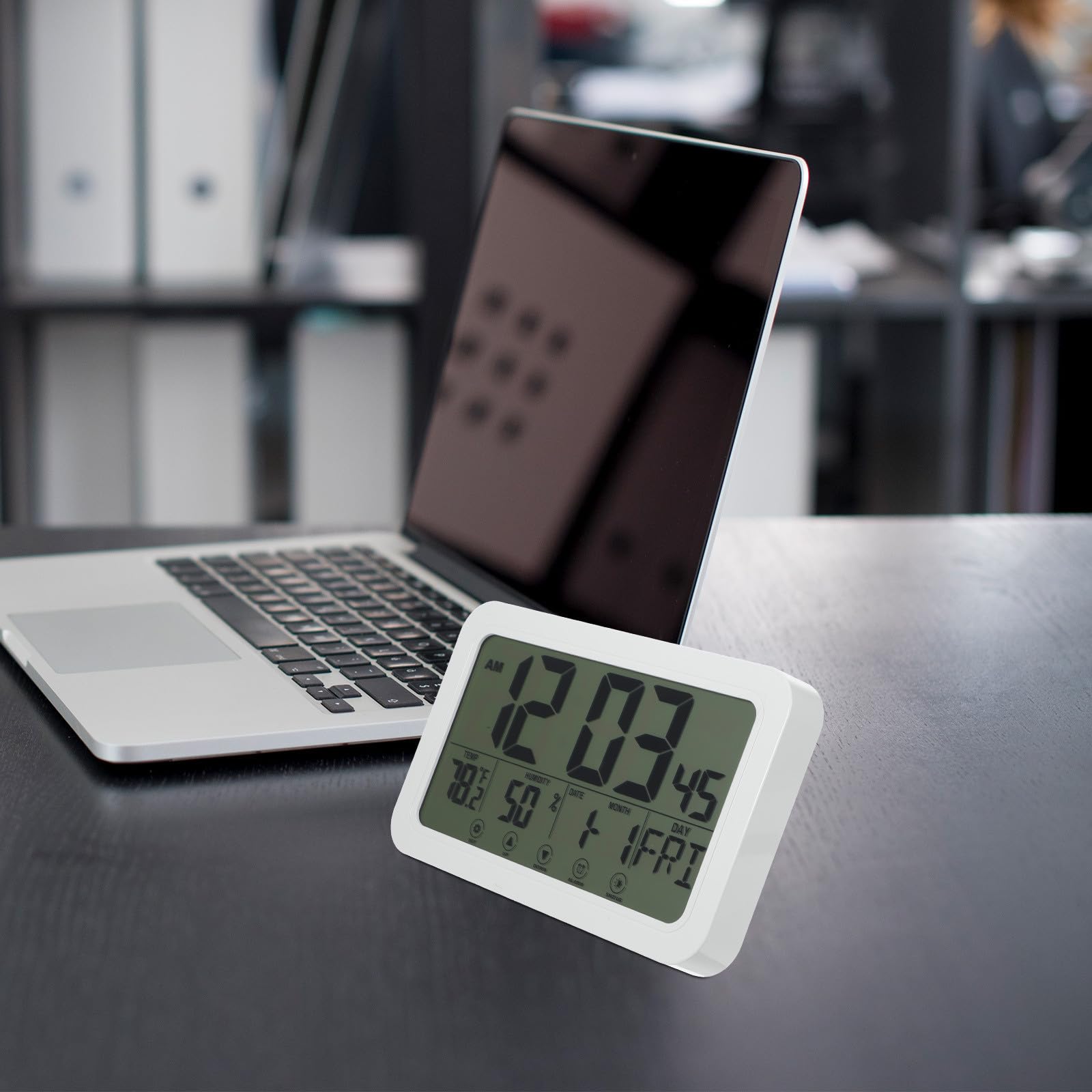 Orologio Digitale da Tavolo da Parete, Orologio Elettronico Calendario Continuo, Display Multifunzione, Plastico Bianco, Silenzioso, Autoregolante, per Ufficio e Soggiorno