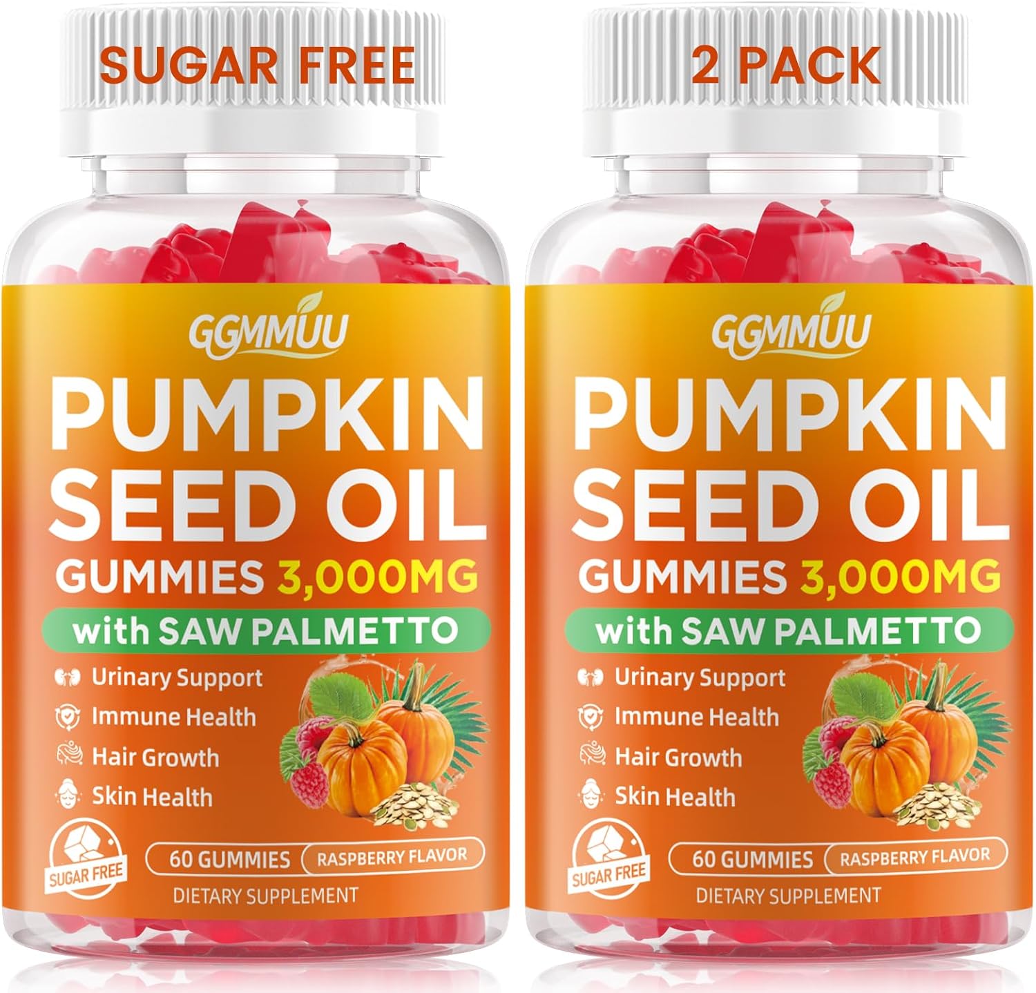 2 Pack Pumpkin Seed Oil Gummies with Saw Palmetto, 3000mg Per Serving Pumpkin Seed Oil Supplement for Hair Growth, Skin Health, High Pure Extract for Women & Men, Raspberry Flavor, 120 Count