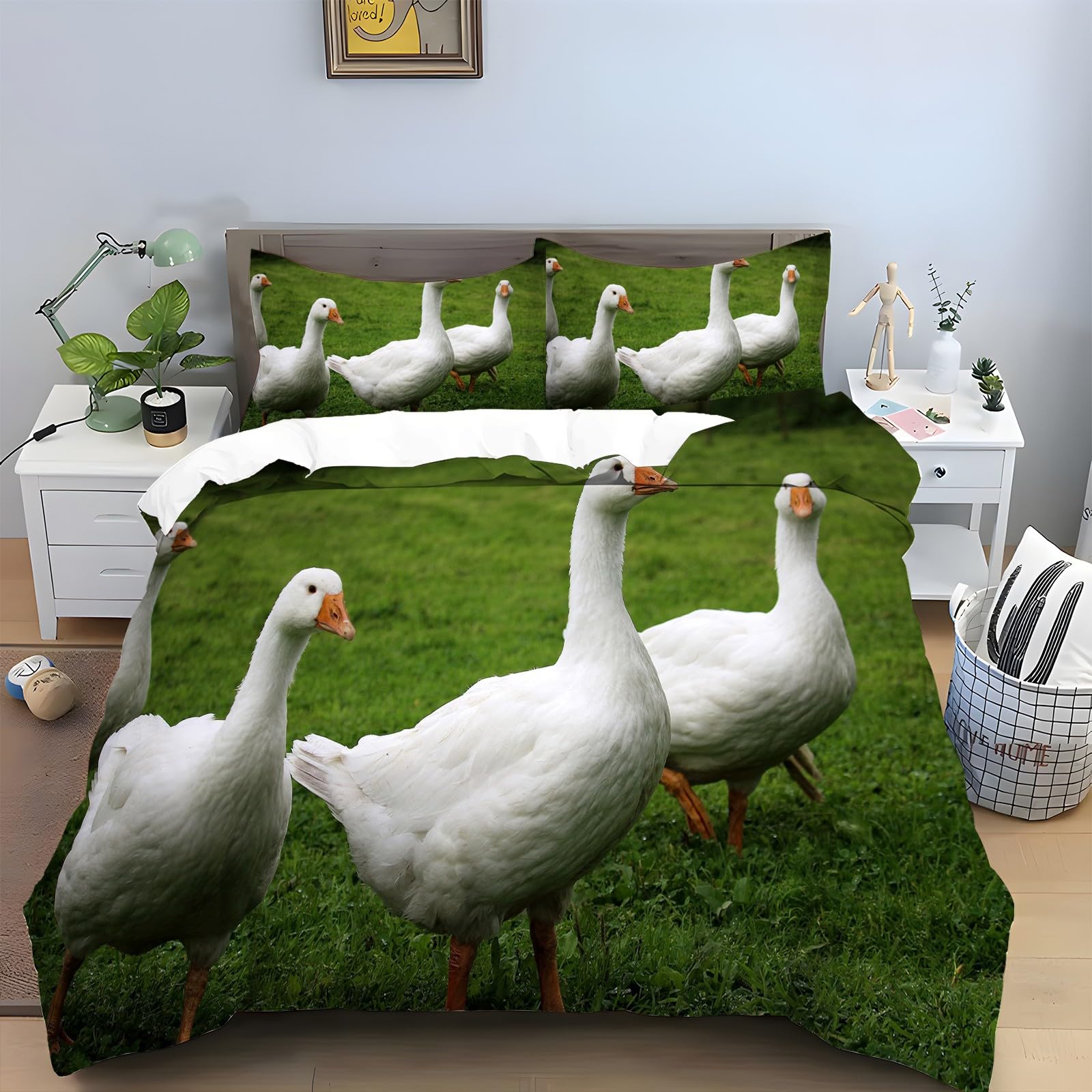 GrüNe Gans Bettwäsche 155x220 cm Tier Muster Bettbezug und 2 Kopfkissenbezug 80x80 cm, 110gsm Mikrofaser Flauschige Pflegeleichtigkeit Bettwäsche Set mit Reißverschluss