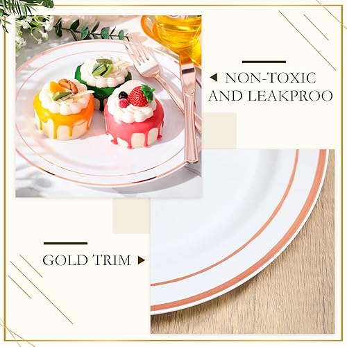 Miniatura 3 de Maxdot Juego de 750 platos de plástico para fiestas, platos de plástico con borde, incluye 125 patés, 125 platos de postre, 125 juegos de cubiertos