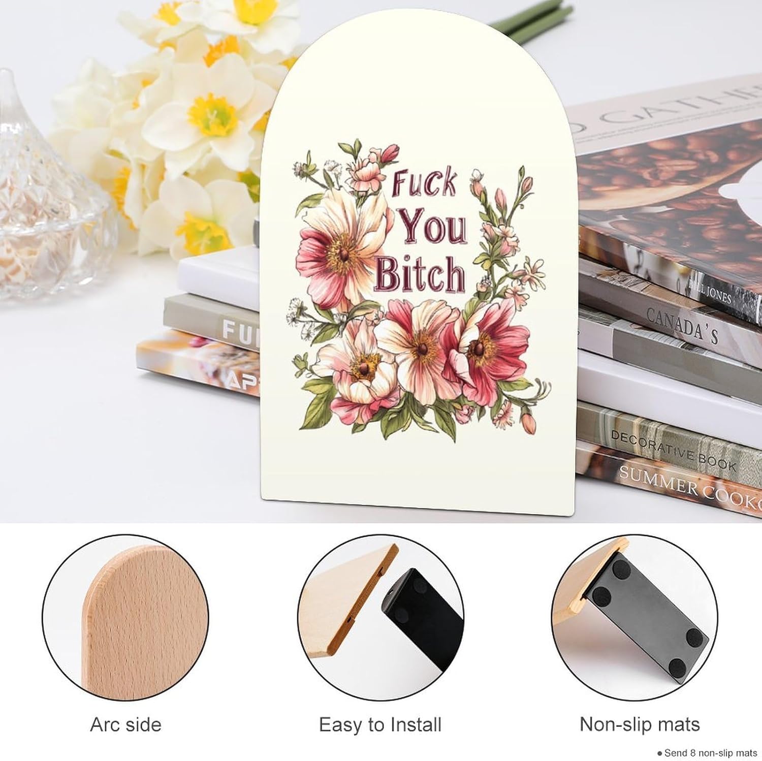 FCK You Bitch Cute Wood Book Ends Decorative Bookends 1 Pair Non-Skid for Shelves Home Office 7 X 5 Inch