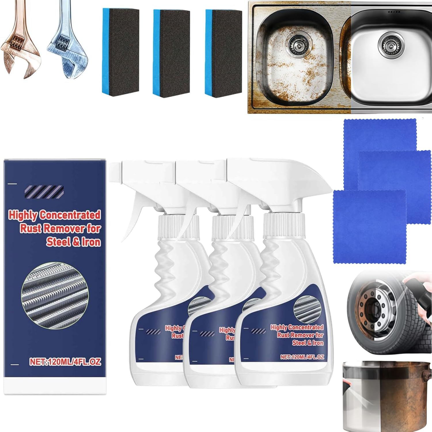 Highly Concentrated Steel Rust Remover,Rust Remover Spray for Stainless Steel,Quick-Acting,High-Speed Rust Powerful Rust Remover for Metal, Tools, Cars, Chains (3PCS)