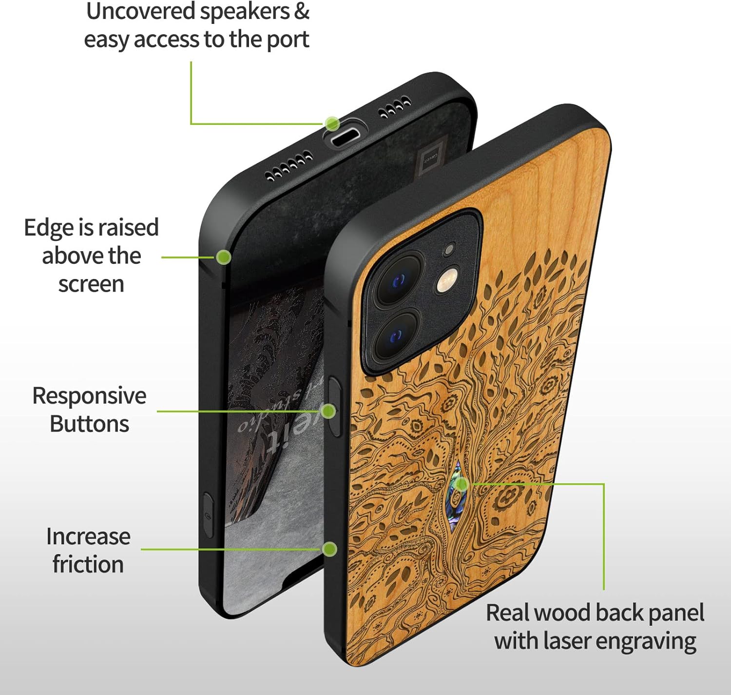 Carveit Designer Wooden Protective Case for iPhone 12 Magnetic Cover [Wood Engraving & Shell Inlay] Wood Phone Case Compatible with iPhone 12 MagSafe 6.1 Inch (Tree-Cherry)
