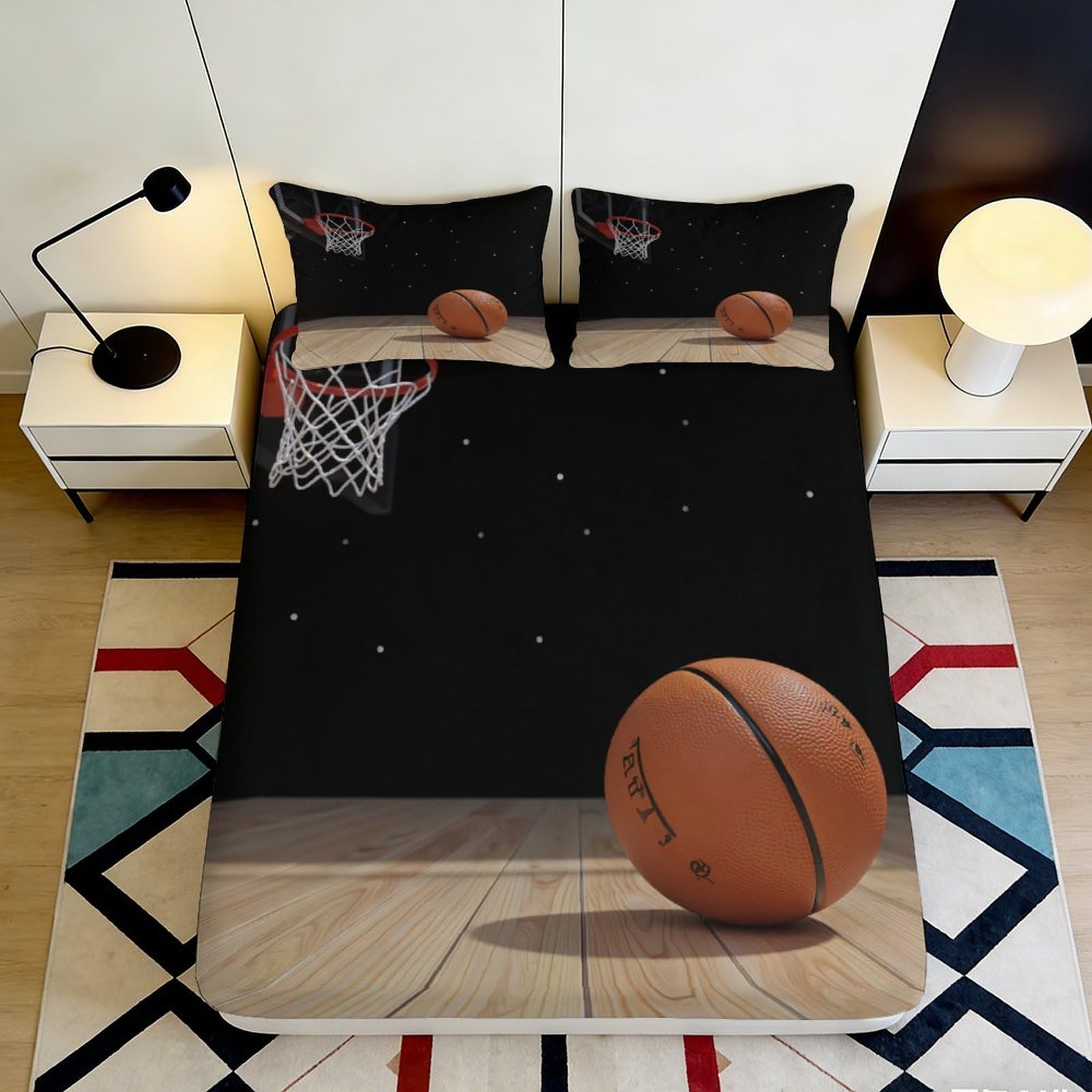 3D Printed Basketball Court Fitted Sheet Microfiber Soft Breathable Hoop Bed Cover for Bedroom Dorm Mattress Protection Decor 90x200x25cm
