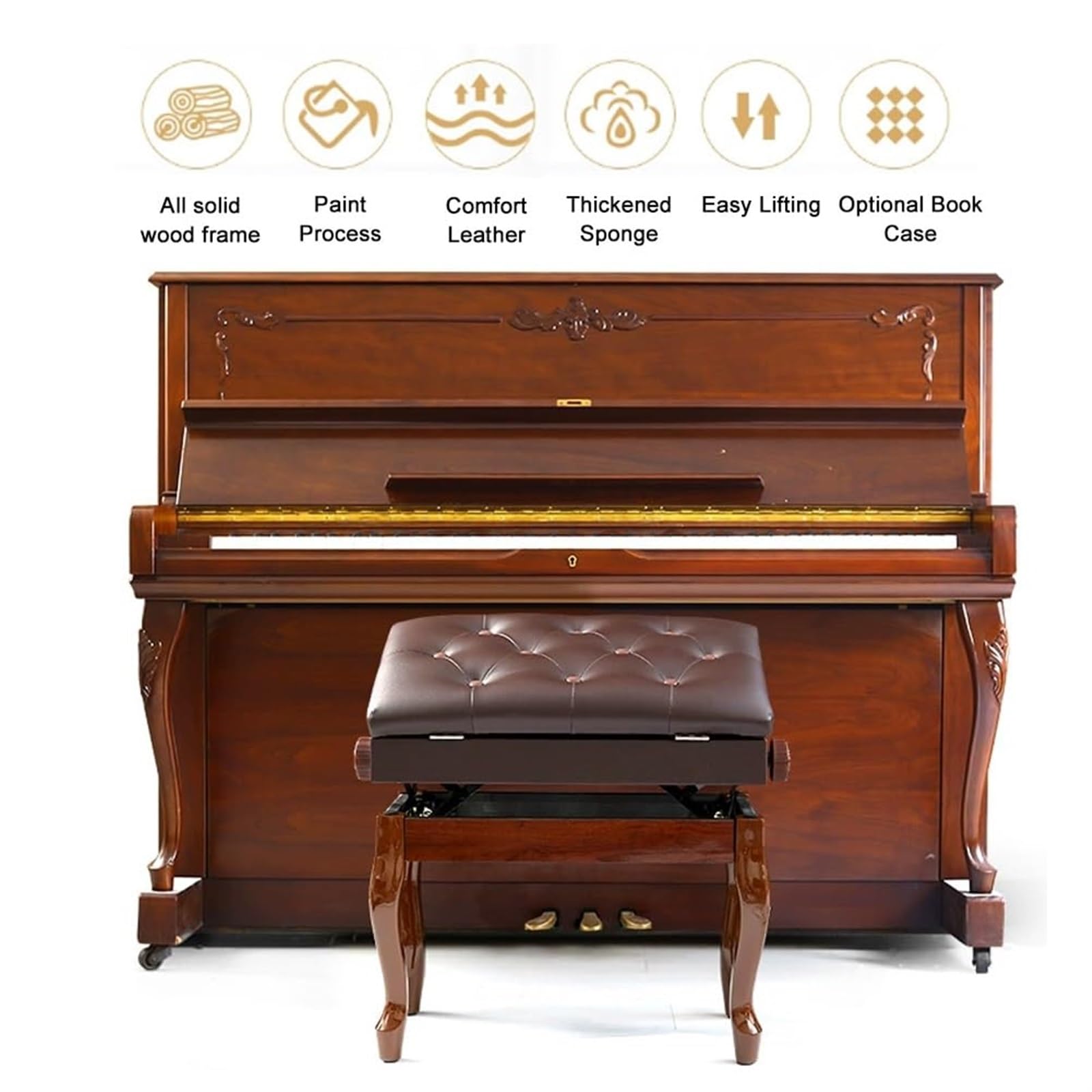 Meiiron Verstellbarer Deluxe-Klavierhocker aus Massivholz mit Notenfach - 10 cm höhenverstellbare Klavierbank for Guzheng-E-Piano(Black)