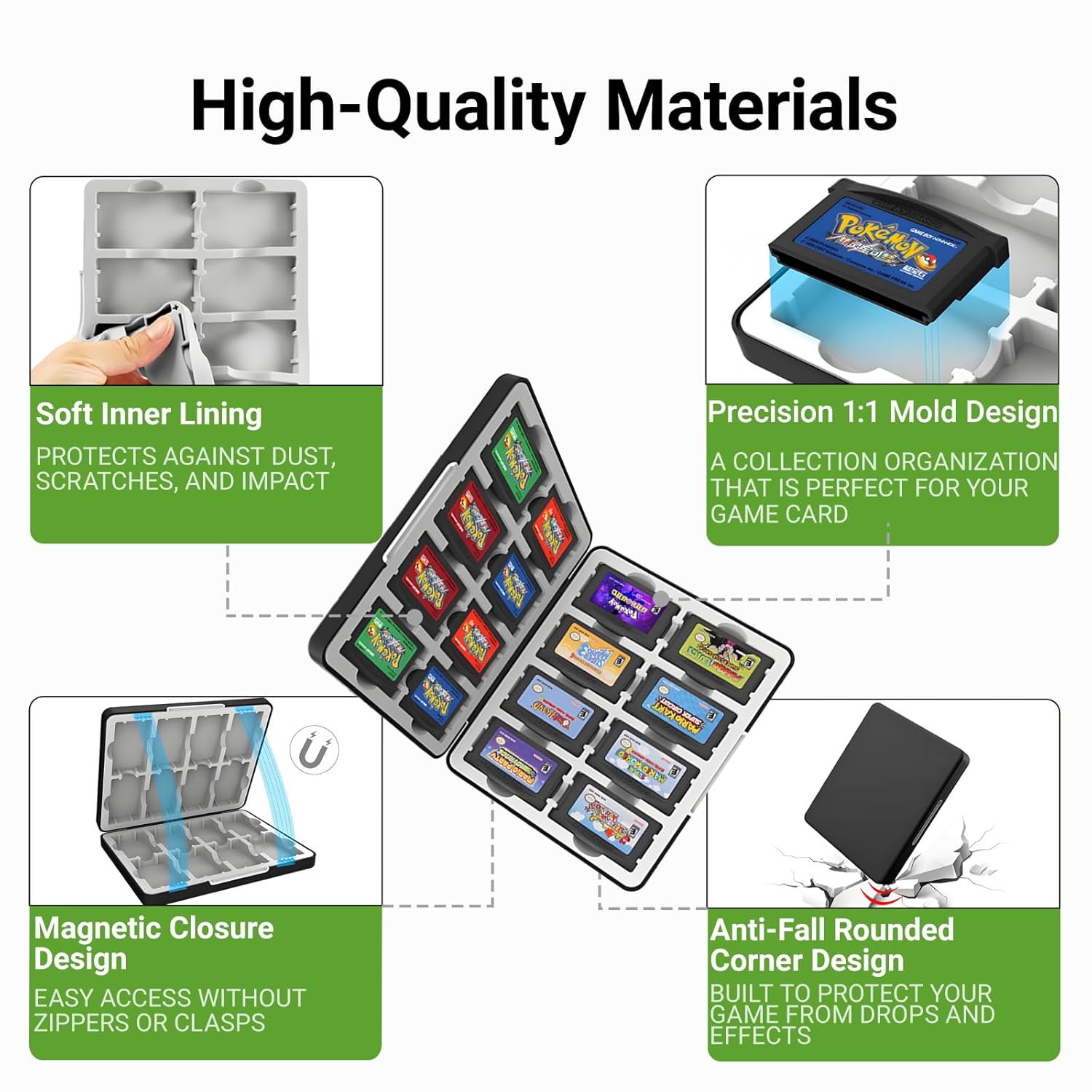 QUBAMG GBA Game Case Compatible with Game Boy Advance, Holds 16 GBA Game Cartridges, Silicone Slots with Magnetic Closure, Portable Travel Organizer Storage Box for GBA Collectors
