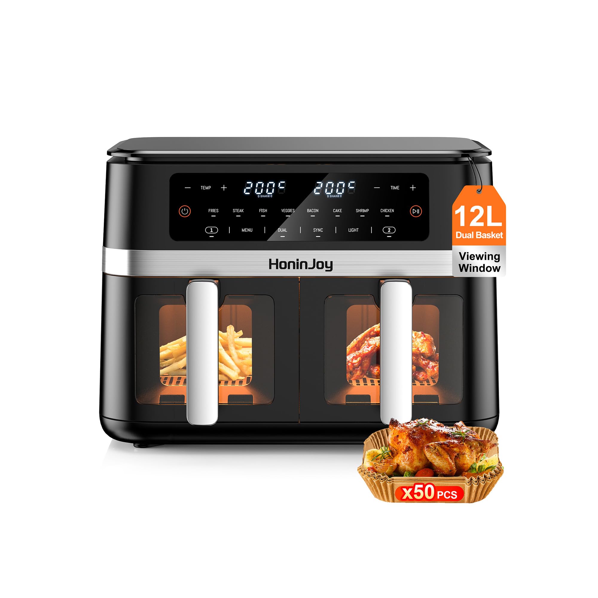 HoninJoy Large Dual Air Fryer with Viewing Window,12L Dual Zone Air Fryers 12-in-1 Digital Touchscreen 2 Drawers for Bake,Roast,Reheat,Broil, Nonstick Dishwasher Safe with 50pcs Paper Liners Black