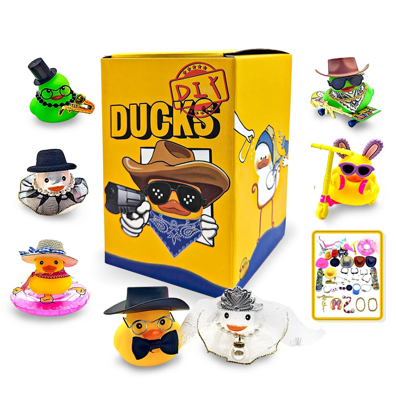 TAZOO Jeep Ducks, DIY Kit Rubber Duck for Jeeps Ducking, 7 Rubber Duckies and 40 Random Assorted Accessories Set, Jeep Ducks for Ducking Car Dashboard