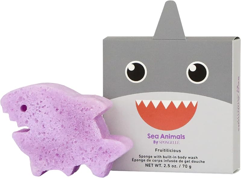 SPONGELLÉ Sammy Shark Esponja de Banho Infantil com Sabonete Corporal, Fragrância de Melancia e Maçã