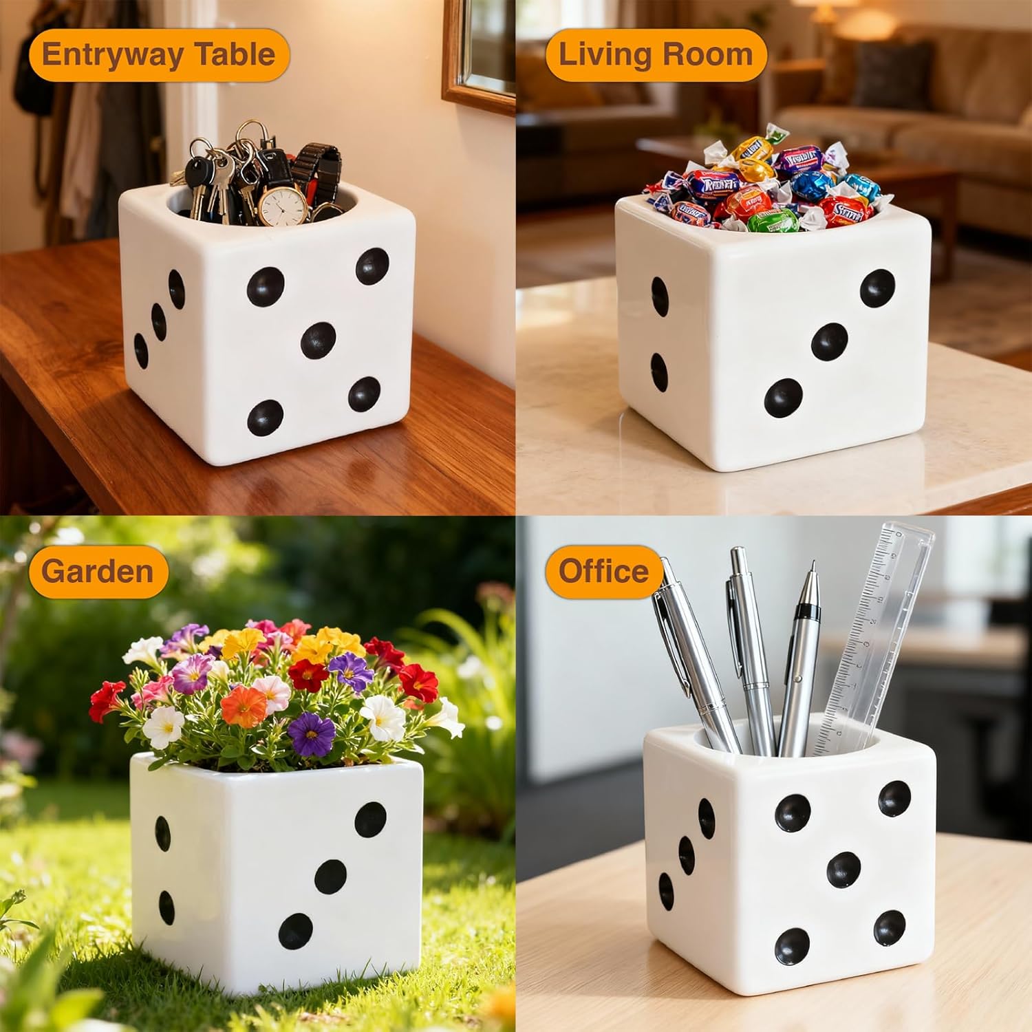 Dice Shaped Candy Bowl Candy Dish For Office Desk Key Bowl For Entryway Table Planters For Indoor Plants Casino Party Decorations (White)