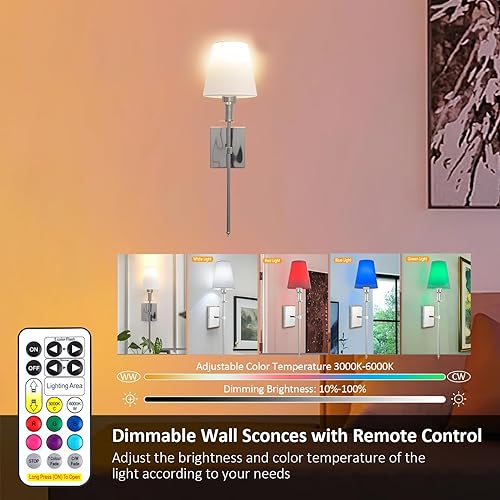 Vista 28 de Juego de 2 apliques de pared que funcionan con pilas, luces de pared inalámbricas recargables con control remoto de 12 colores regulables
