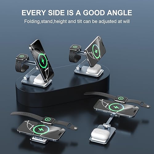 Miniatura 6 de Cargador inalámbrico 3 en 1, estación de carga inalámbrica plegable para cargador Apple MagSafe, soporte de cargador de viaje magnético portátil de