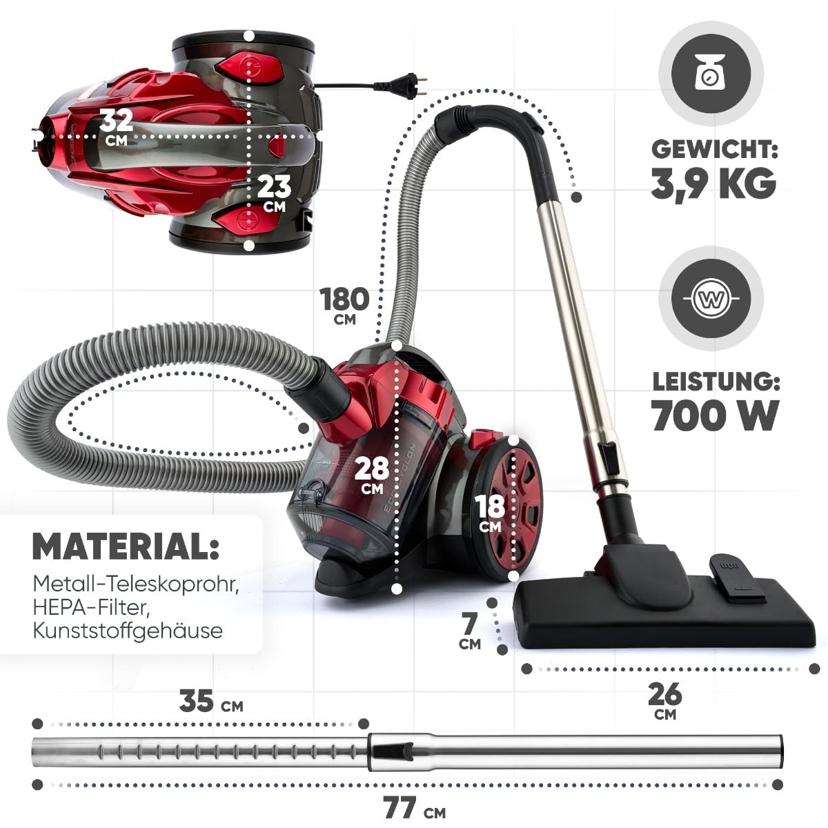 Clatronic BS 1308 Aspiradora ciclónica sin Bolsa Potente, Filtro HEPA, Tubo telescópico Metal, Cepillo Mixto y rinconera,eficiencia energética A, 700 W, Rojo