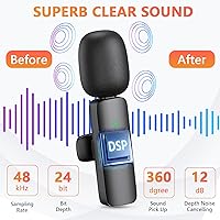 Vista 4 de Micrófono inalámbrico para iPhone, teléfono Android, portátil, paquete de 2 micrófonos Lavalier para grabación de video, micrófonos mini con Negro