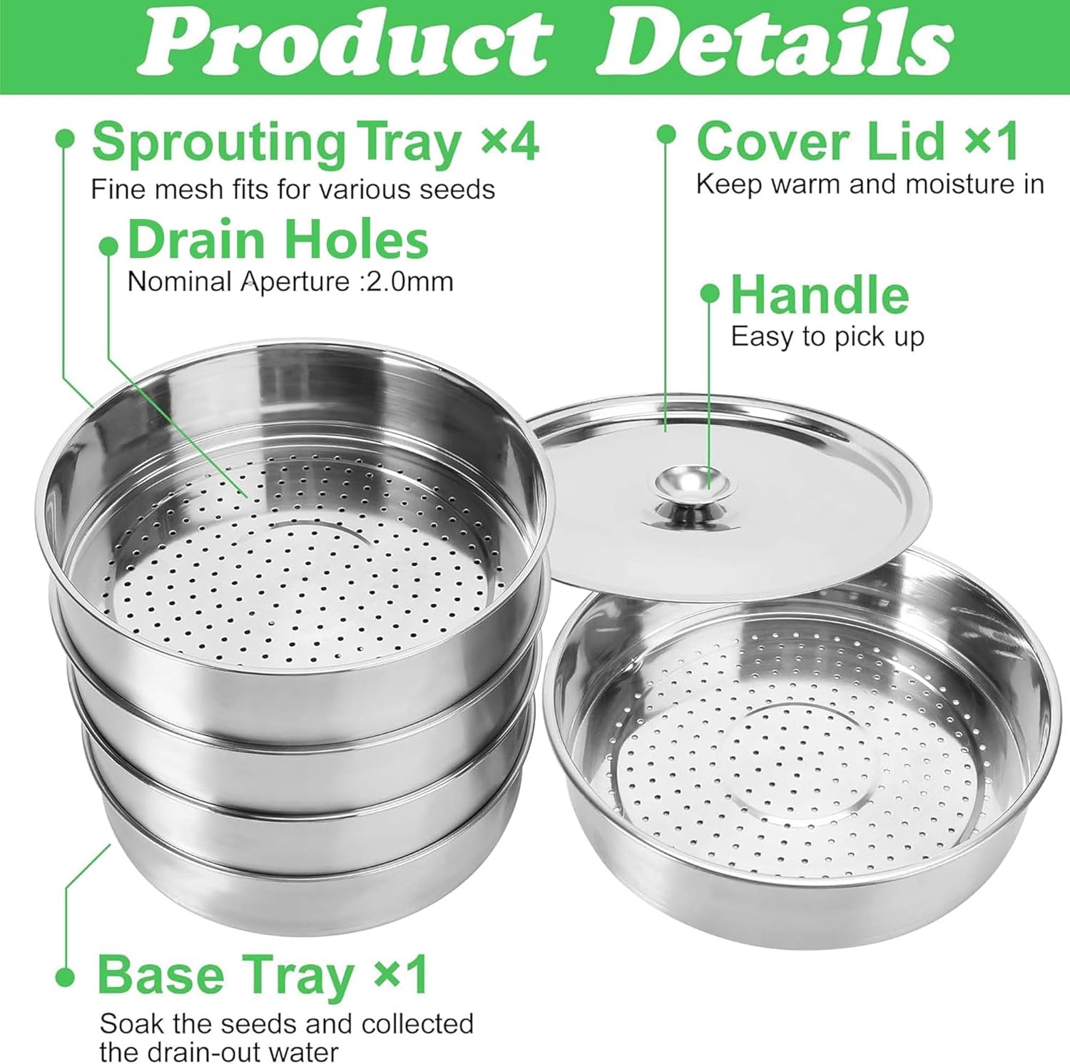 EBaokuup 5-Tier Stainless Steel Seed Sprouting Tray Kit-8.6" x 8.3" Stackable Mesh Seed Sprouting with Base & Lid-Seed Sprouting Germination Tray for Bean Sprouts Growing