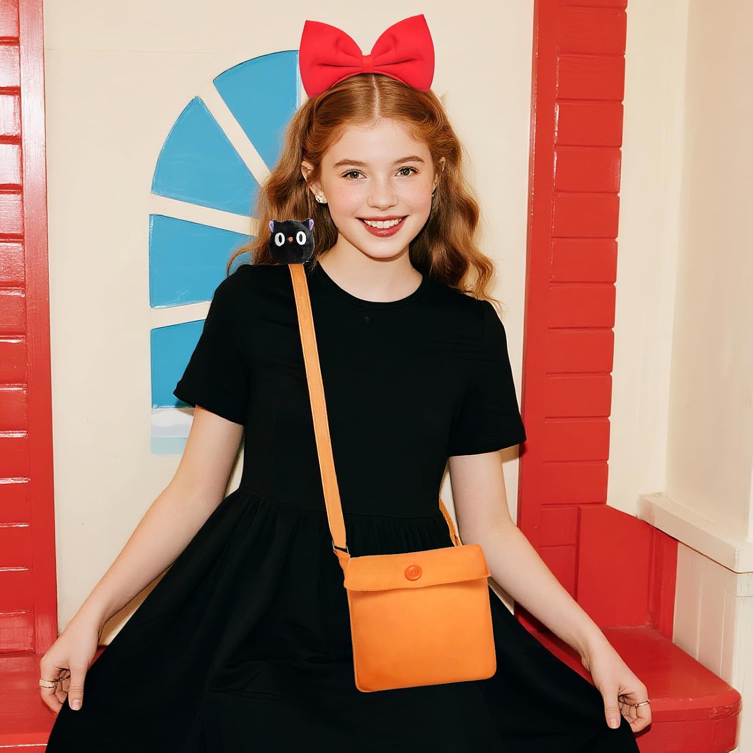 Red Bow Headband Orange Bag and Cat Plush Costume for Halloween Cosplay Women Girls