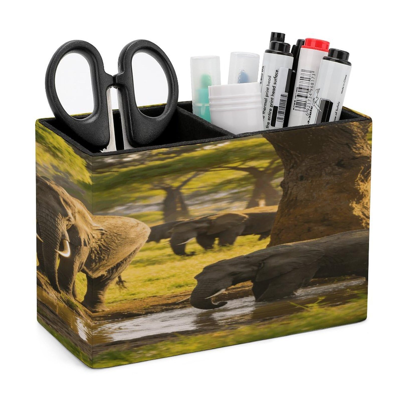 LZQPOEAS Natural Trees And Elephants Pen Holder Double Compartments Pen Cup Makeup Brush Holders Leather Pencil Holder Locker Organizer for Work Locker Accessories Modern Pencil Cup for Desk