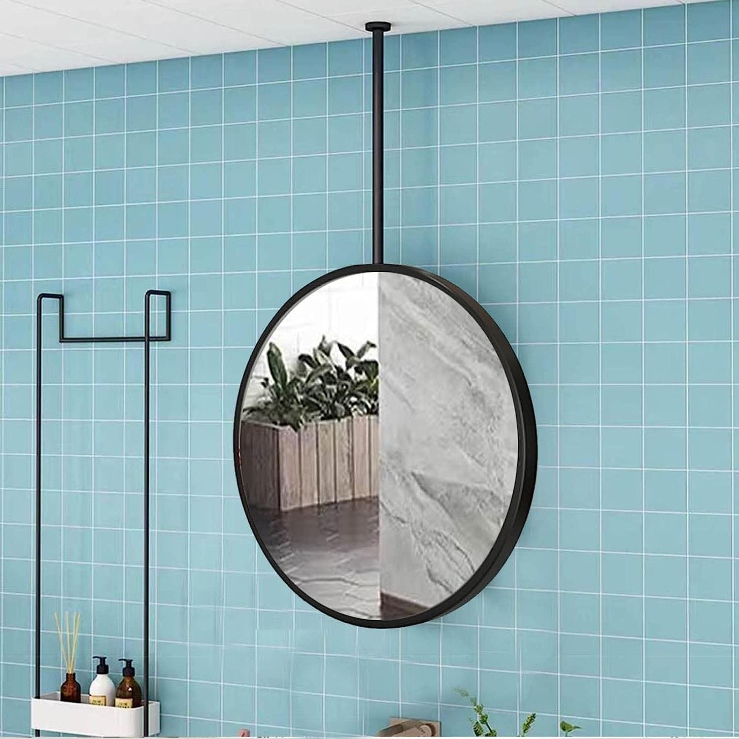 Runder Badezimmerspiegel, Deckenmontierter Spiegel, großer Make-up-Rasierspiegel, schwarzer Metallrahmen-Hängespiegel - komplette Hardware (Size : Diameter-70CM/27.6INCH)