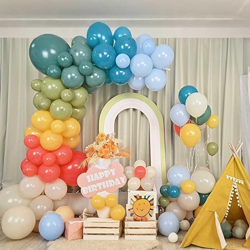 Miniatura 5 de Kit de guirnalda de arco de globos retro bohemio, 163 globos retro azul, naranja, mostaza, amarillo, con temática de primer cumpleaños, decoración