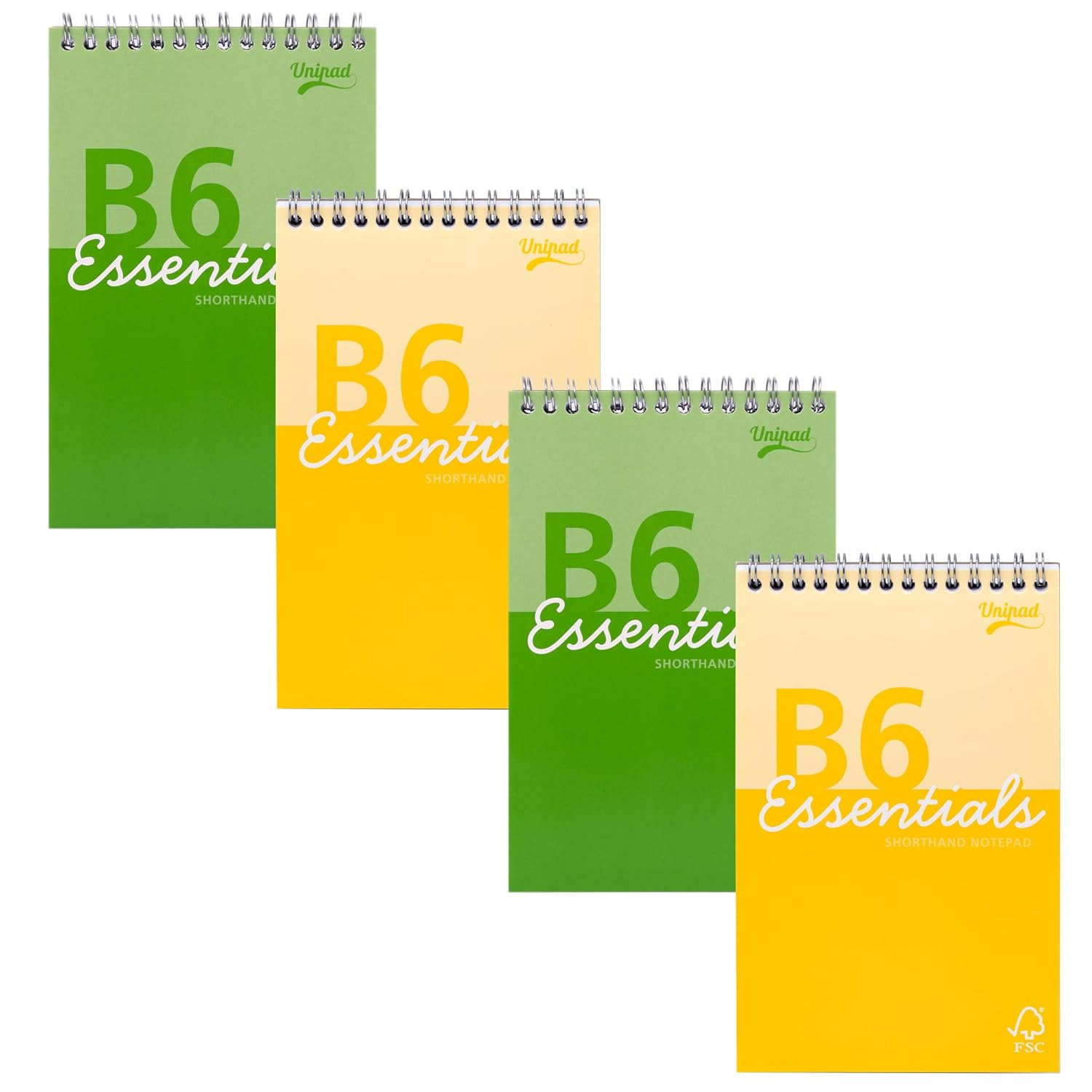 Pukka Pad Essentials B6 Shorthand Notebook – Pack of 4 Top Wire-Bound Notepads in Assorted Green & Yellow – 160 Pages, 80 Sheets of FSC 60GSM Lined Paper with Page Perforation