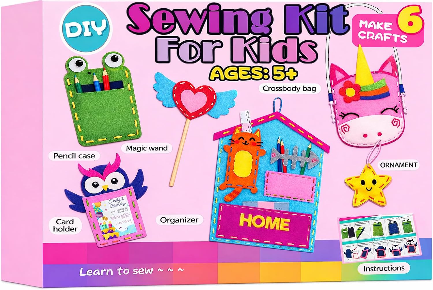 Kids Sewing Kit for Beginners Toys Arts and Crafts - 6 DIY Sewing Projects with Pre-Punched Fabric, No Glue, Safe Plastic Needle, Creative and Fun Birthday Holiday Gift Ideas for Girls Boys Ages 5-12