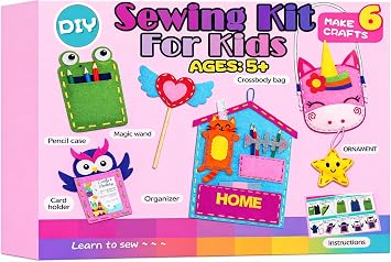 Kids Sewing Kit for Beginners Toys Arts and Crafts - 6 DIY Sewing Projects with Pre-Punched Fabric, No Glue, Safe Plastic Needle, Creative and Fun Birthday Holiday Gift Ideas for Girls Boys Ages 5-12