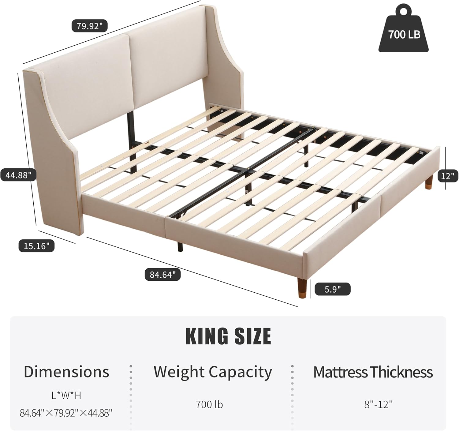 King Size Upholstered Platform Bed Frame, 15.16" Gold Edge Wingback Headboard, Linen Fabric & Wooden Slats, No Box Spring Needed, Easy Assembly, Beige