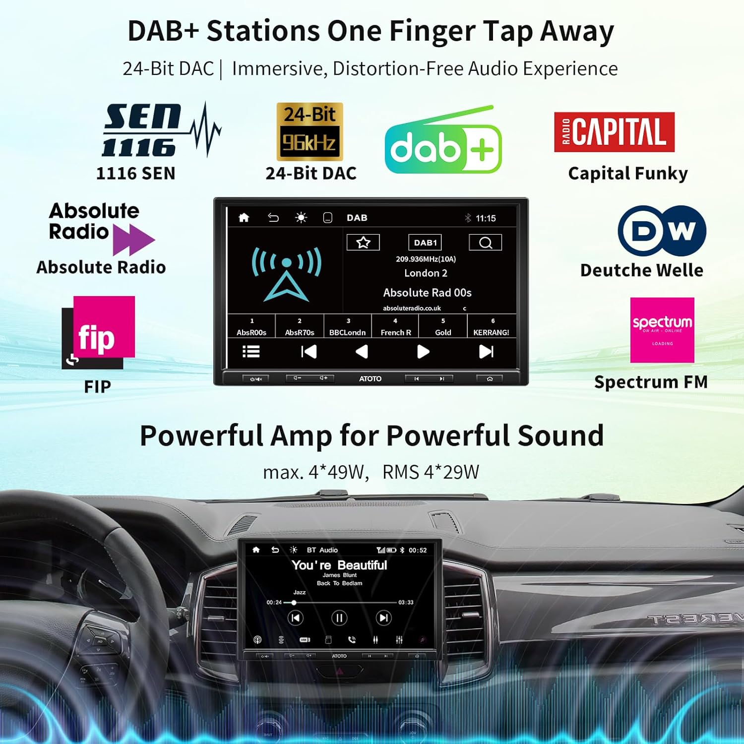 ATOTO F7XE 10-inch car stereo display showing DAB+ radio interface