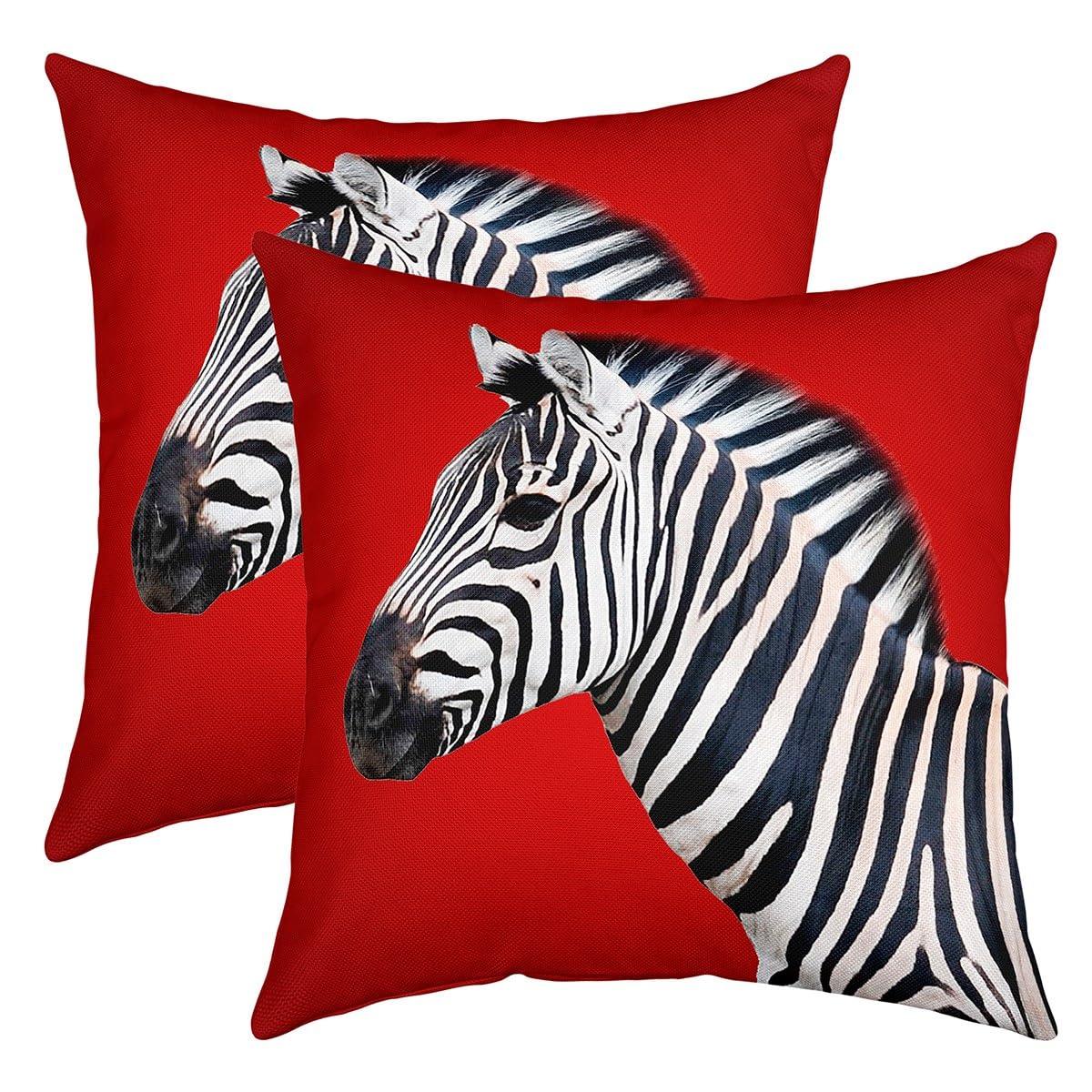 Richhome Multi 01 Wild Zebra Pillow Covers 18"X18" Set Of 2,Jungle Wild Animals Geometric Stripe Black White Reversible Throw Pillow Covers Cases,Farmhouse Style Red Print Square Cushion Covers Set For Bedroom