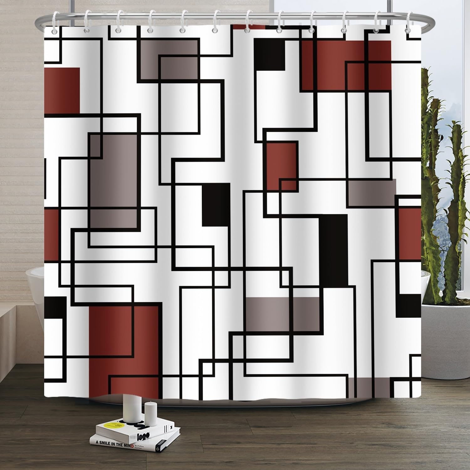 Xiaoterna Geometric Shower Curtain Abstract Red and Black Bathroom Curtain Modern Simplicity Geometric Square Waterproof Machine Washable Shower Curtain for Bathroom Decoration 180x240cm