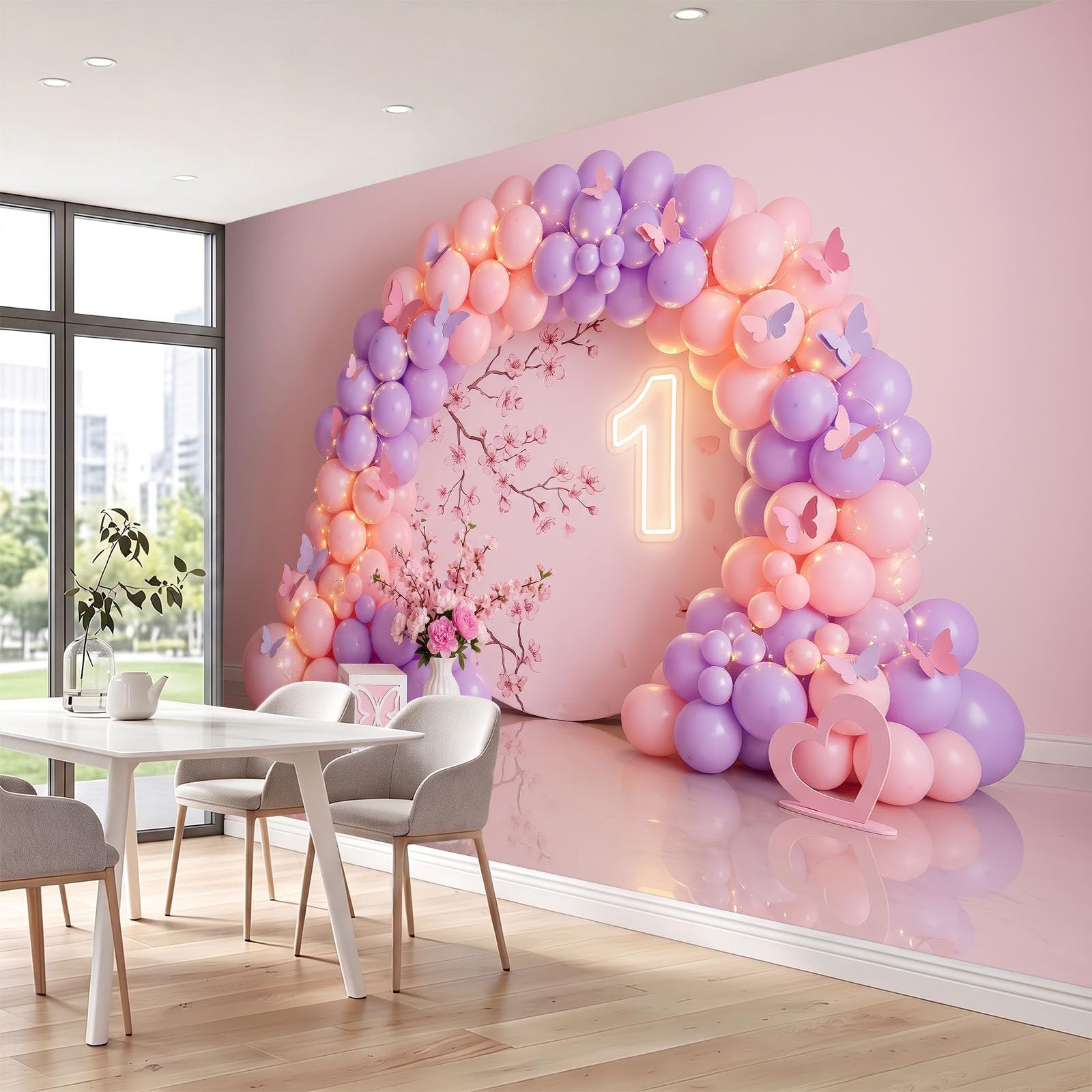 Vlies Fototapete Romantisch 250 x 175 cm - Fototapeten Tapeten für Wohnzimmer Schlafzimmer Kinderzimmer - Vliestapete Wandtapete Wanddeko 3D Effekt - Rosa Ballonbogen Lichterkette Schmetterlinge