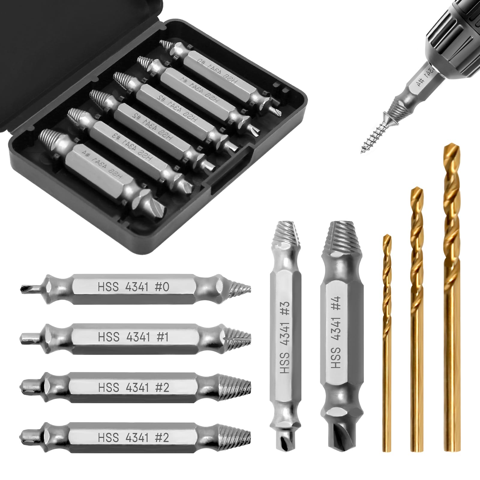 Damaged Screw Extractor Set, 6 PCS HSS Screw Remover with 3 PCS Twist Drill Bit, Easy Out Bolt Extractor Set for Stripped, Rusted and Stubborn Screws