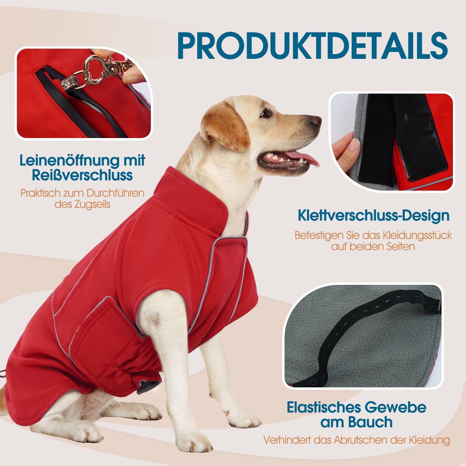 Hundemantel Wasserdicht, Warmer Hundejacke für Große Hunde, Hundemantel Fleece, Hundejacke mit Reflektierender Streifen Labrador, Regentag, Cheng Rot 3XL