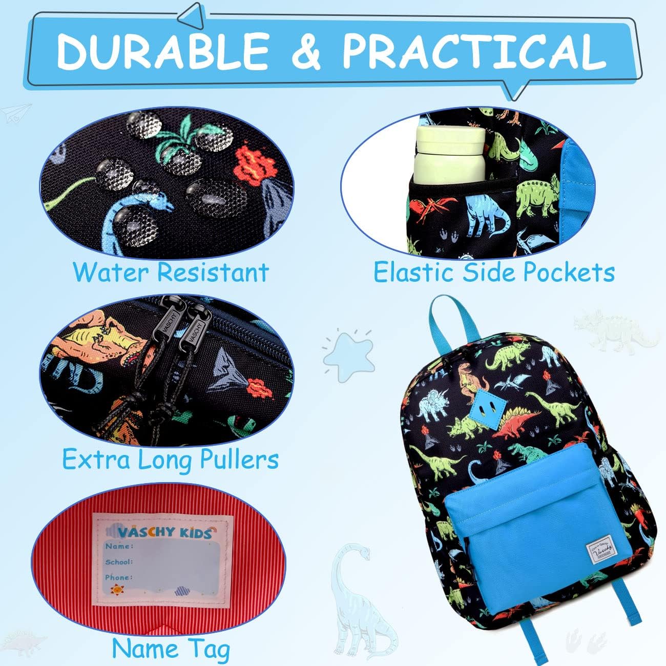 VASCHY Dinosaur Backpack for Boys, Kids Water Resistant Lightweight Backpack for Toddlers Daycare Preschool Blue - Image 5