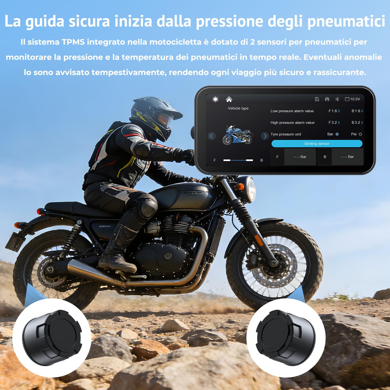W622 Display Moto CarPlay Wireless 6,25" Touchscreen, compatibile con Apple CarPlay & Android Auto,Navigazione,Controllo vocale,IP67 impermeabile,TPMS,Dual Bluetooth, Alimentazione USB/ACC
