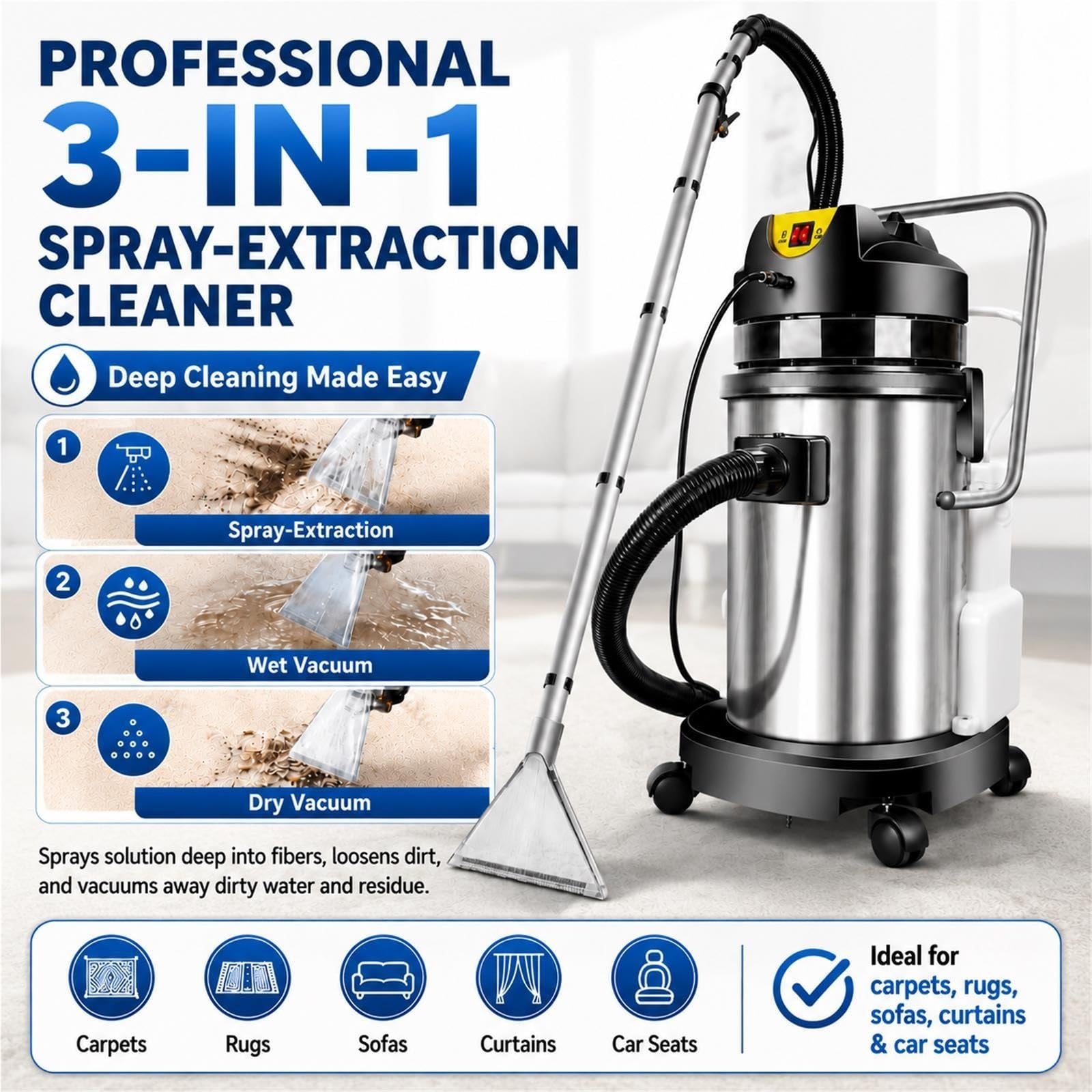 Nettoyeur de tapis professionnel 3 en 1, aspiration et lavage eau poussière