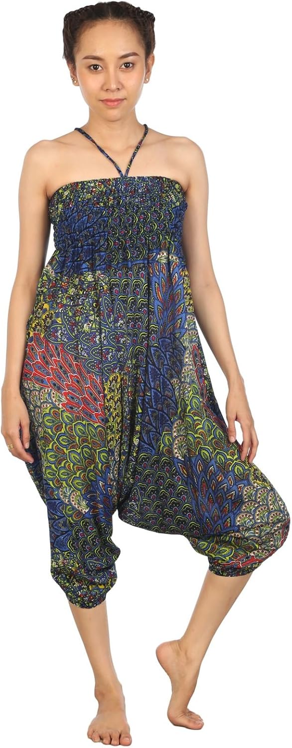 LOFBAZ Yoga Harem Pants for Women Boho Hippie Bohemian Clothing Womens Indian Beach Gypsy Clothes Maternity Genie Jumpsuit Peacock 1 Blue B L