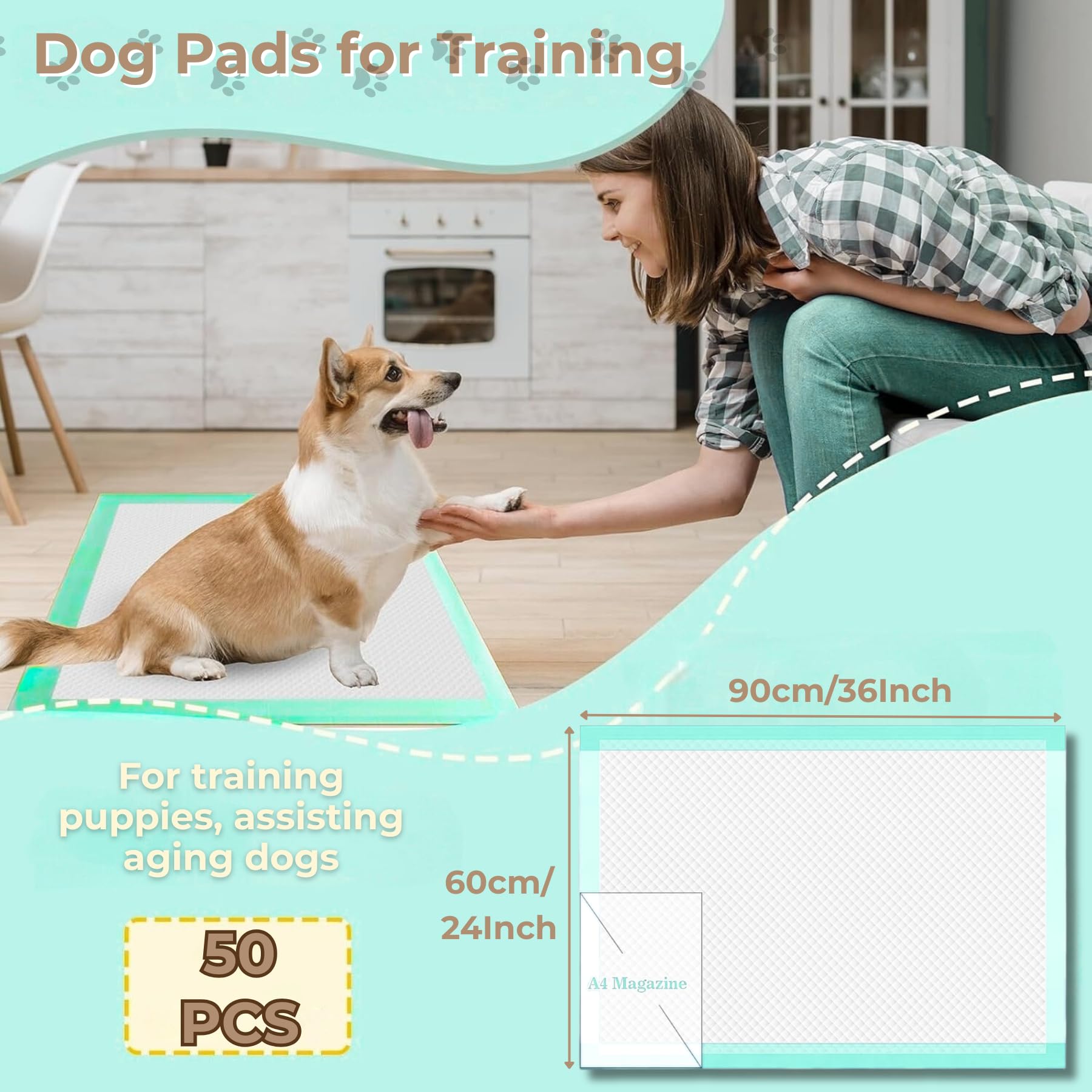 50 Stück PIPI Matten für Hunde, 60 x 90cm Welpen Unterlagen, Trainingspads mit Schnell Trocknender Oberfläche, Einmalunterlagen Auslaufsicheres 5-Lagiges Design Puppy Pads