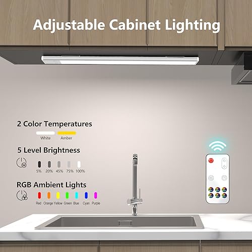 Miniatura 8 de Luces LED RGB para debajo del gabinete, luz LED RGB con cambio de color recargable, funciona con pilas, iluminación debajo de la encimera con