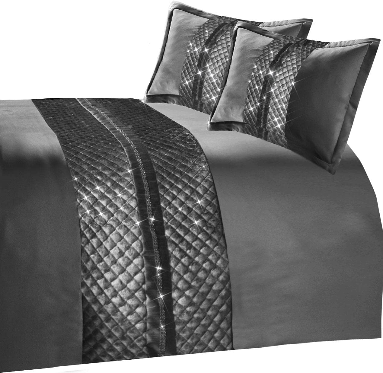 Olivia Rocco Kylie Duvet Cover Set Quilted Velvet Diamante Quilt Covers Luxury Bedding Sets, Charcoal Bedspread