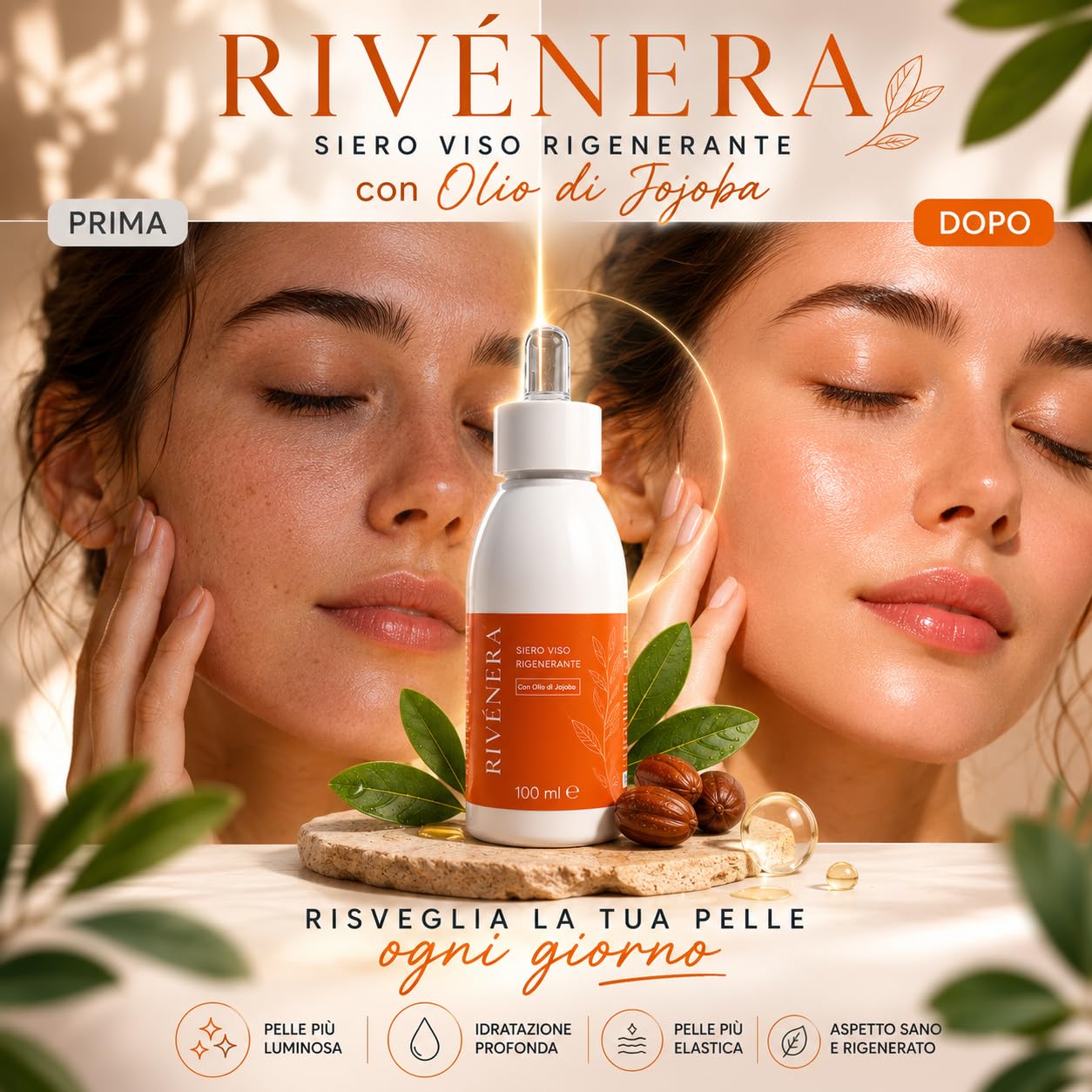 Rivenera serum do twarzy 150 ml – przeciwzmarszczkowy z kwasem hialuronowym i kolagenem – nawilżający, rozjaśniający, regenerujący do skóry dojrzałej (średnio)