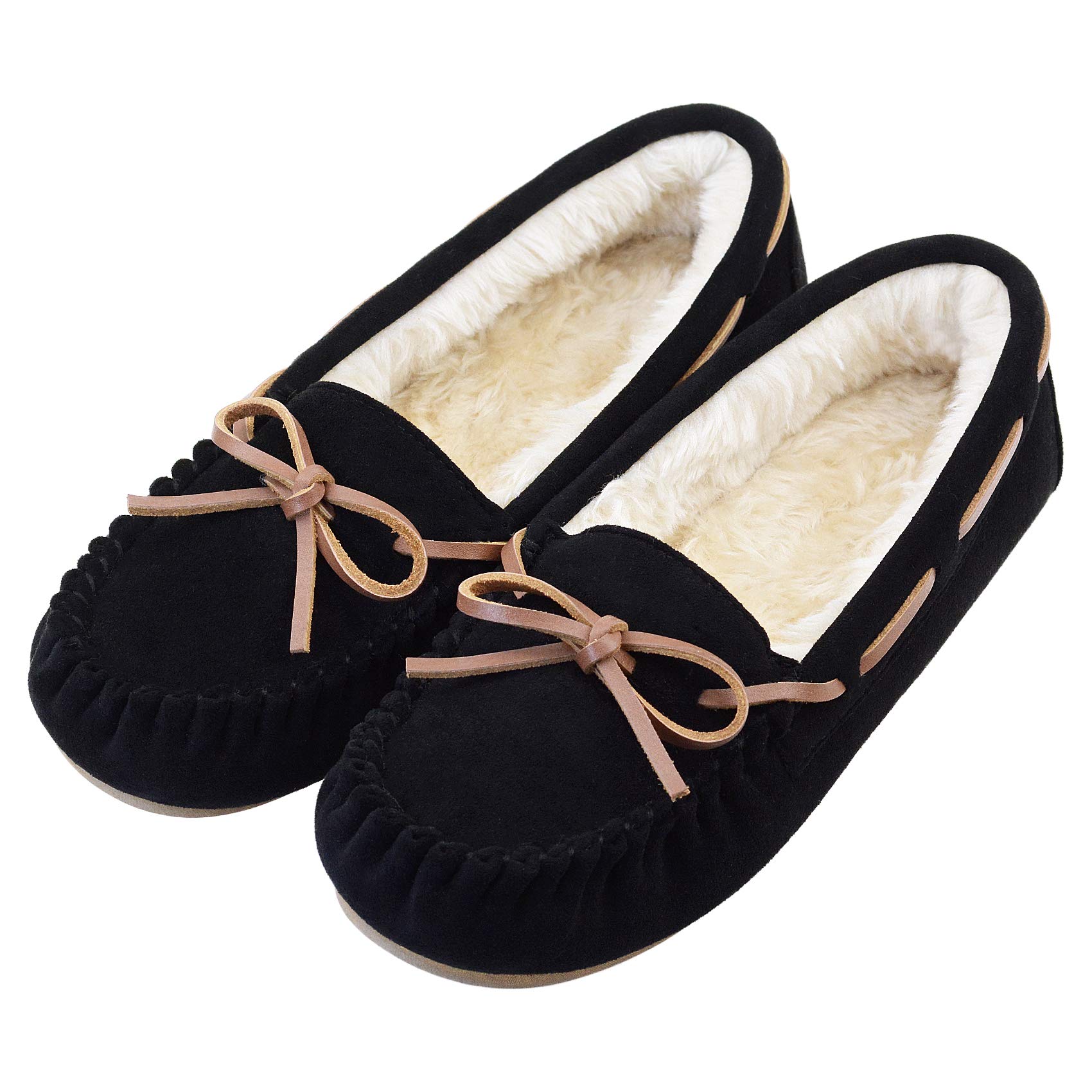 Vonair Womens Moccasin Slippers Micro Suede Warm Faux Fur Pile Lined Lace-Up Cozy Bow Indoor Outdoor Moccasins Slip